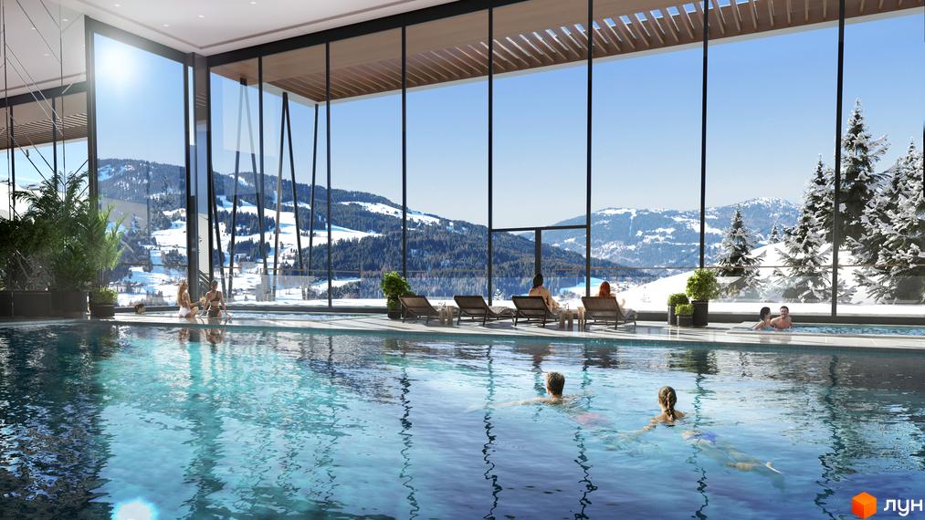 Апарт-готель VELMY: басейн з панорамним видом на засніжені гори та ліс. Відпочинок біля води серед зимового пейзажу.