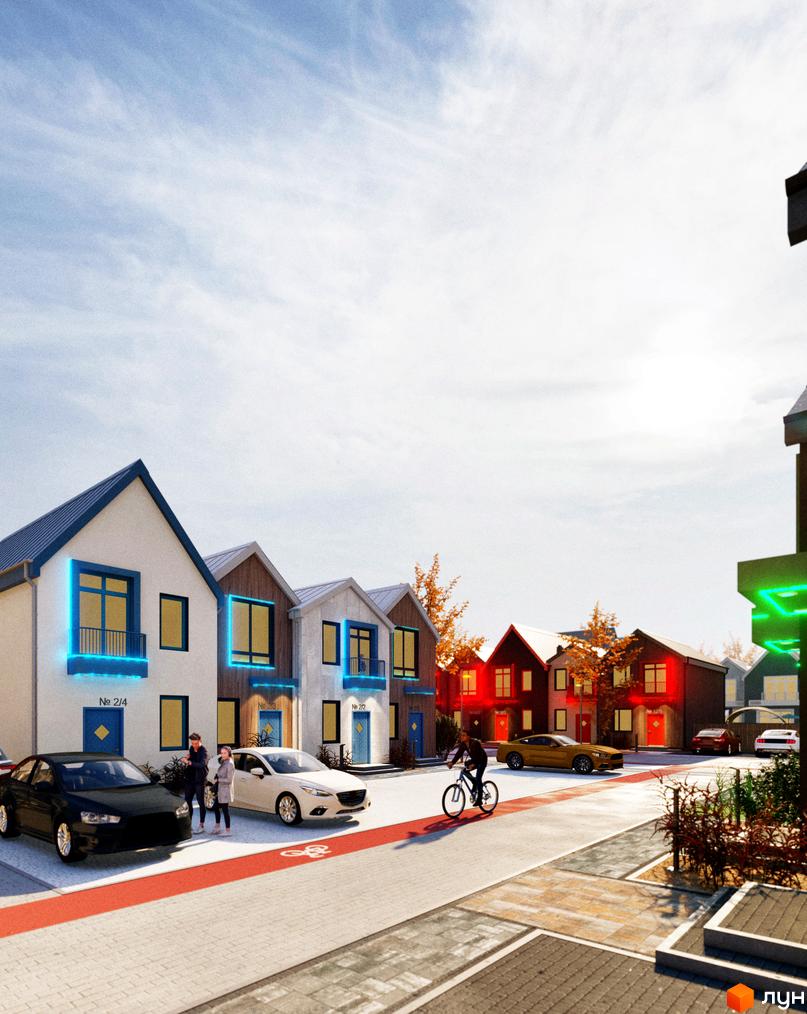 Таунхауси Sвій Dім 3: фасади будинків з синім та червоним освітленням, прибудинкова територія з велосипедною доріжкою, автомобілями та людьми.