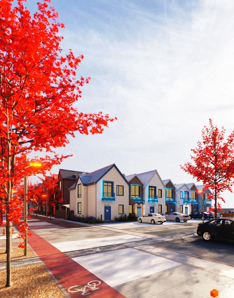 Таунхауси Sвій Dім 3: сучасні будинки з червоними деревами та доглянутою прибудинковою територією.