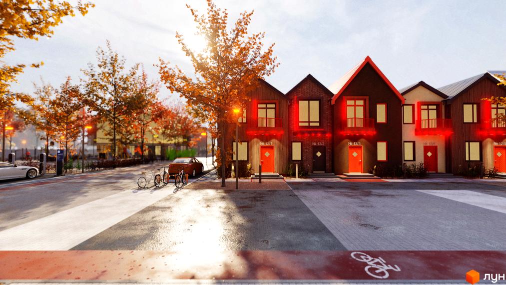 Таунхауси Sвій Dім 3: фасади будинків з червоним підсвічуванням та прибудинкова територія з деревами восени.