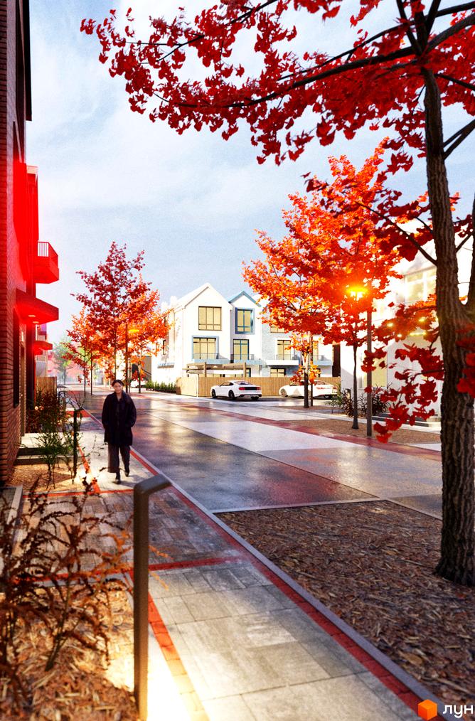 Таунхауси Sвій Dім 3: сучасна архітектура та затишна вулиця з осінніми деревами. Прибудинкова територія з доріжками та освітленням.