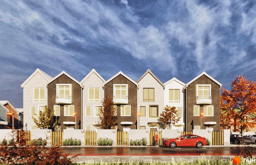 Таунхауси Sвій Dім 3 – це сучасний житловий комплекс з цегляними фасадами та індивідуальними балконами. Територія перед будинками огороджена парканом із дерев'яними елементами.