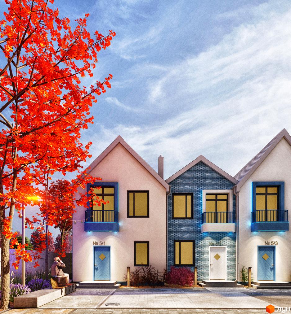 Таунхауси Sвій Dім 3: триповерхові будинки з синьою цегляною вставкою та білими фасадами, вікнами з жовтим склом та блакитними дверима, на тлі осіннього дерева з червоним листям.