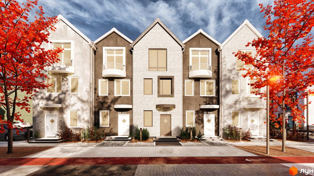 Таунхауси Sвій Dім 3: фасади будинків з цегли та штукатурки, вікна з балконами, дерева з червоним листям.