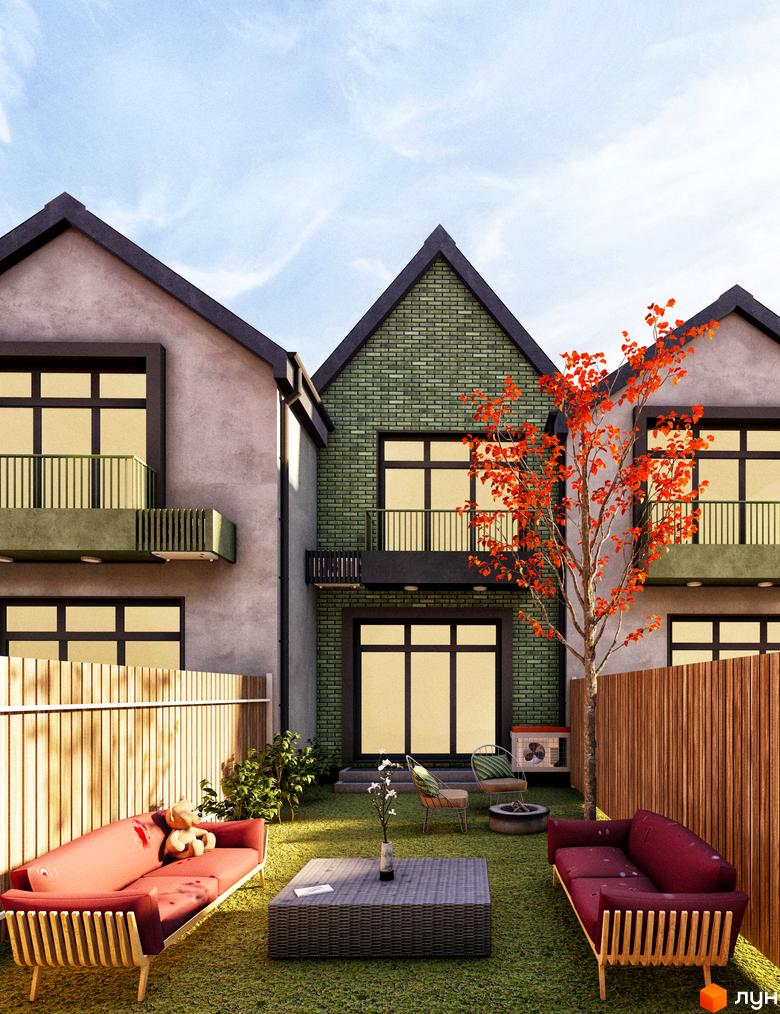 Таунхауси Sвій Dім 3: фасади будівель з цегли та штукатурки, огороджена ділянка з газоном, диванами та деревом з червоним листям.