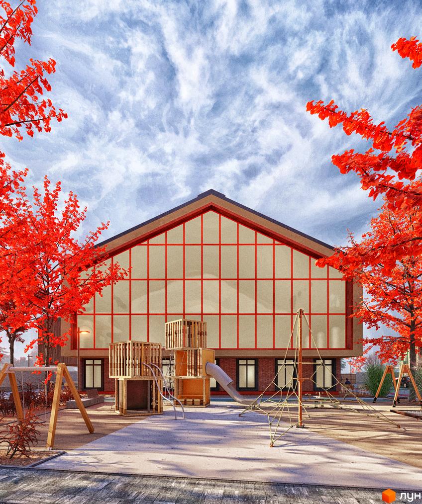 Таунхауси Sвій Dім 3: фасади будівель з великими вікнами та дитячий майданчик з дерев'яними конструкціями та гойдалками.