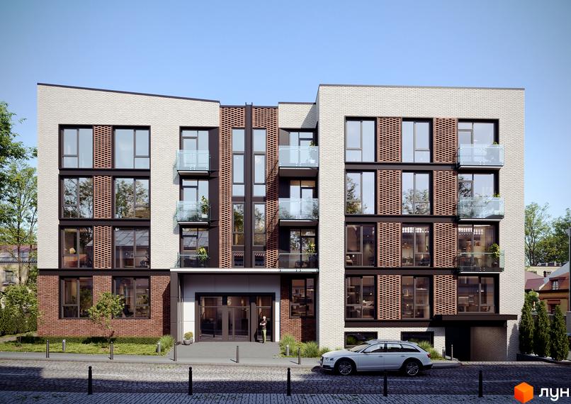 Клубний будинок Sapfir: фасади з білої та цегляної плитки, скляні балкони та великі вікна. Перед будинком розташована бруківка та зелена зона.