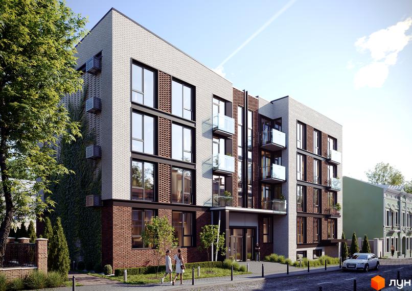 Клубний будинок Sapfir - це сучасна новобудова з цегляним фасадом та скляними балконами. Територія навколо будинку озеленена деревами та кущами.