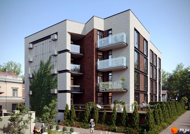 Клубний будинок Sapfir - це сучасна новобудова з цегляним фасадом та скляними балконами. Територія навколо будинку озеленена деревами та кущами.