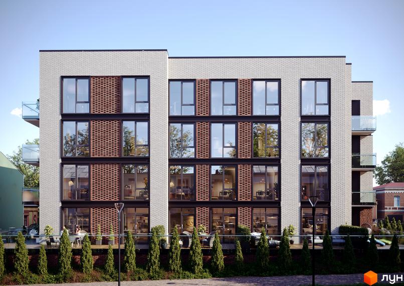 Клубний будинок Sapfir – це чотириповерхова новобудова з цегляним фасадом та великими вікнами. Прибудинкова територія озеленена деревами та облаштована терасами.