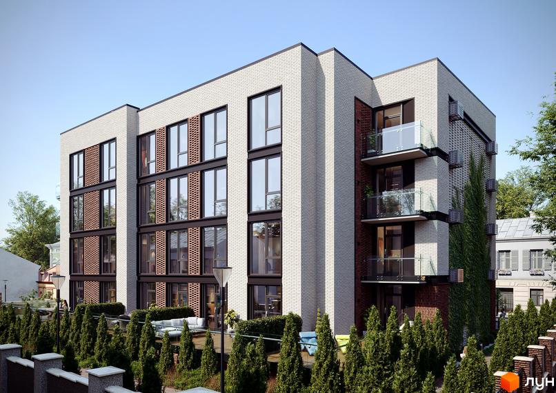 Клубний будинок Sapfir з білої цегли з великими вікнами та балконами. На передньому плані зелені насадження та зона відпочинку.