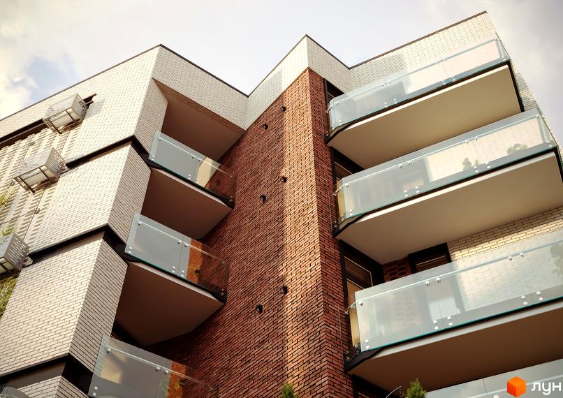 Клубний будинок Sapfir – це сучасна новобудова з цегляним фасадом та скляними балконами. Зовнішній вигляд будівлі вражає своєю елегантністю та функціональністю.