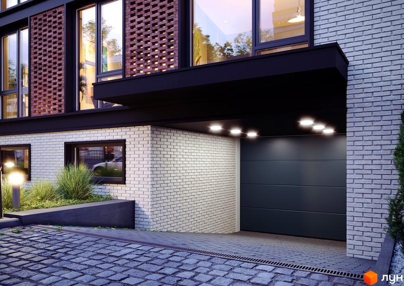 Клубний будинок Sapfir: фасад з цегляними вставками та великими вікнами, прибудинкова територія з бруківкою та освітленням.