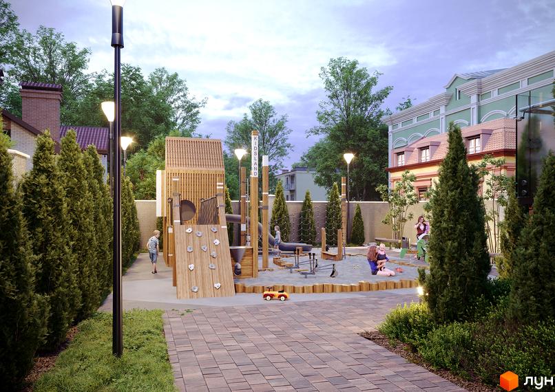 Клубний будинок Sapfir з дитячим майданчиком та зеленими насадженнями. Сучасний житловий комплекс для комфортного життя.