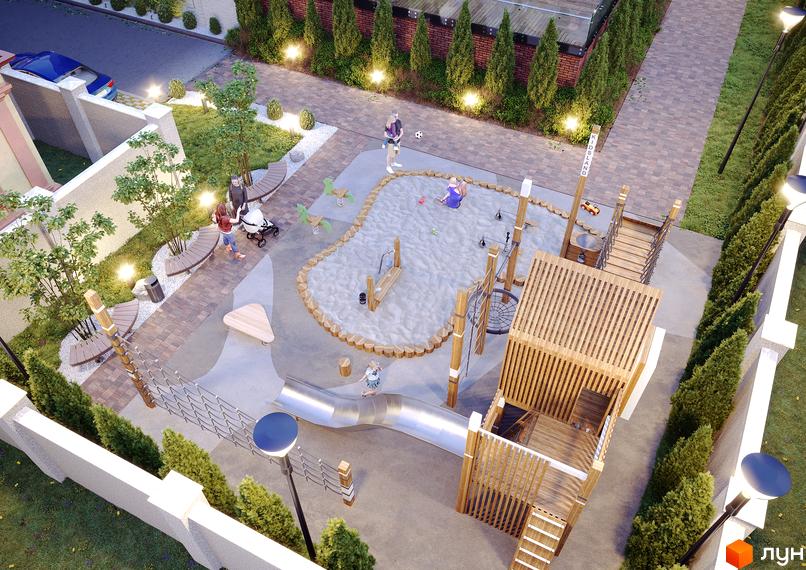 Клубний будинок Sapfir. Дитячий майданчик з пісочницею, гіркою та дерев'яною конструкцією, що прилягає до будинку.