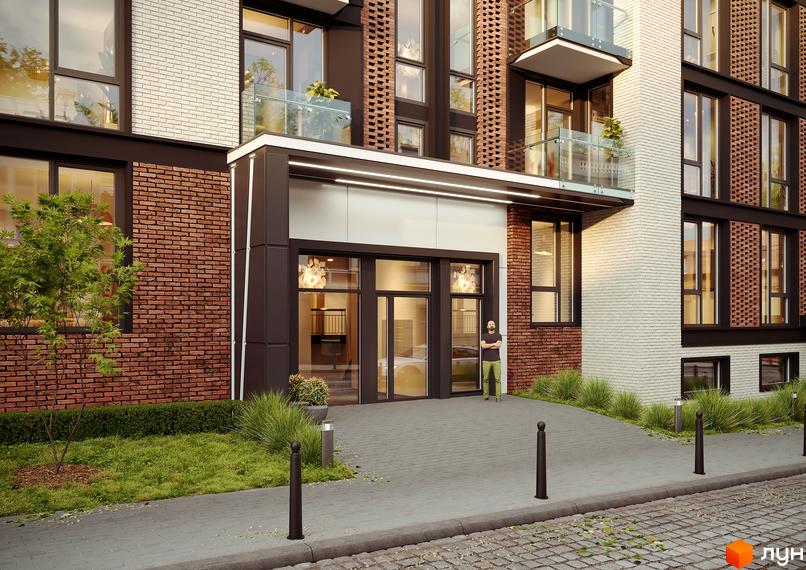 Клубний будинок Sapfir з цегляним фасадом та скляними балконами. Прибудинкова територія з газоном та бруківкою.