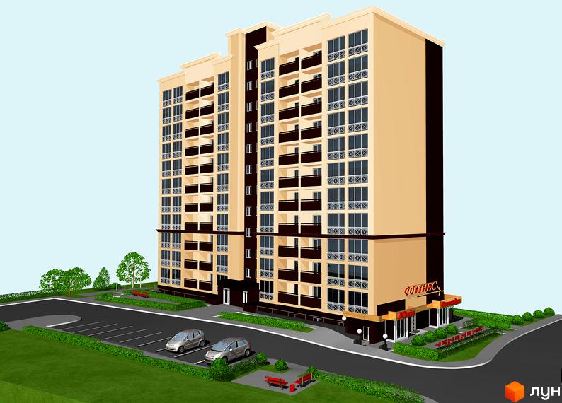 Зовнішній вигляд багатоповерхового житлового комплексу Тарасівський з балконами та великими вікнами. Прибудинкова територія з парковкою, зеленими насадженнями та лавками.