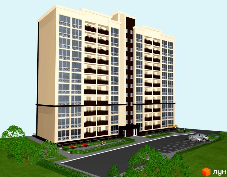 Зовнішній вигляд новобудови ЖК Тарасівський, з балконами та великими вікнами. Прибудинкова територія з зеленими насадженнями та парковкою.