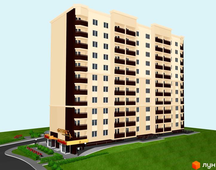 Зовнішній вигляд новобудови ЖК Тарасівський з численними балконами та вікнами. Прибудинкова територія з зеленими насадженнями, лавками та дорогою.