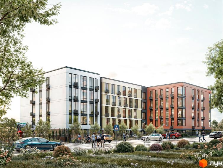 Зовнішній вигляд житлового комплексу SOFI HOUSE з різнокольоровими фасадами та великими вікнами. Прибудинкова територія з деревами та автомобілями.