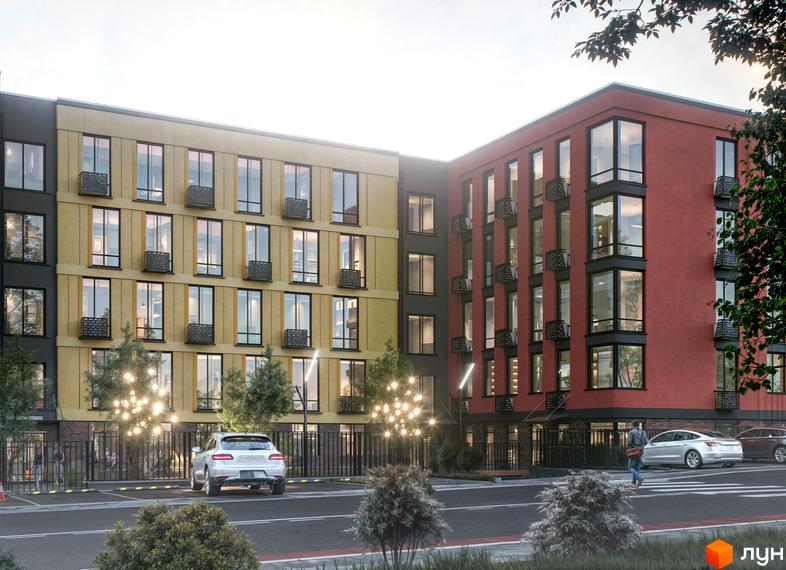 Зовнішній вигляд комплексу SOFI HOUSE з жовтим та червоним фасадами, вікнами та балконами, а також прибудинковою територією з автомобілями та деревами.