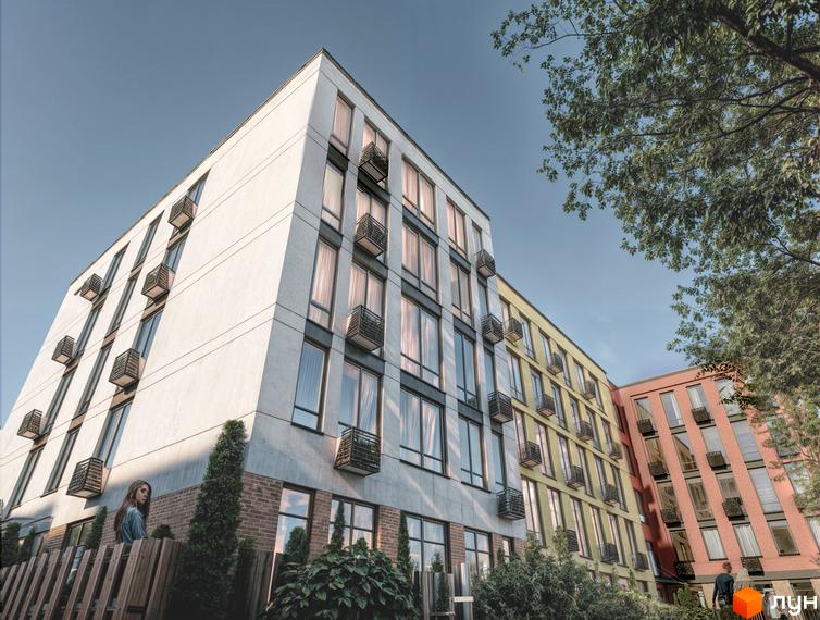 Зовнішній вигляд житлового комплексу SOFI HOUSE з цегляним фасадом та великими вікнами, прибудинкова територія з деревами та парканом.