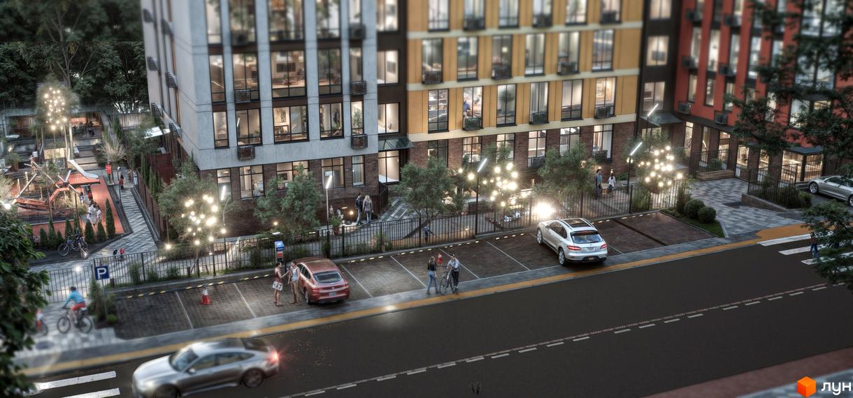 Житловий комплекс SOFI HOUSE з фасадами з цегли та бежевих панелей, прибудинкова територія з освітленням та зонами відпочинку.