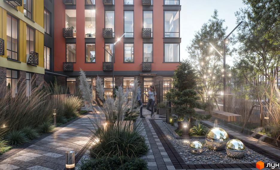 Житловий комплекс SOFI HOUSE з фасадами оранжевого та жовтого кольорів, з великими вікнами та балконами. Прибудинкова територія з доріжками, рослинністю та декоративними кулями.