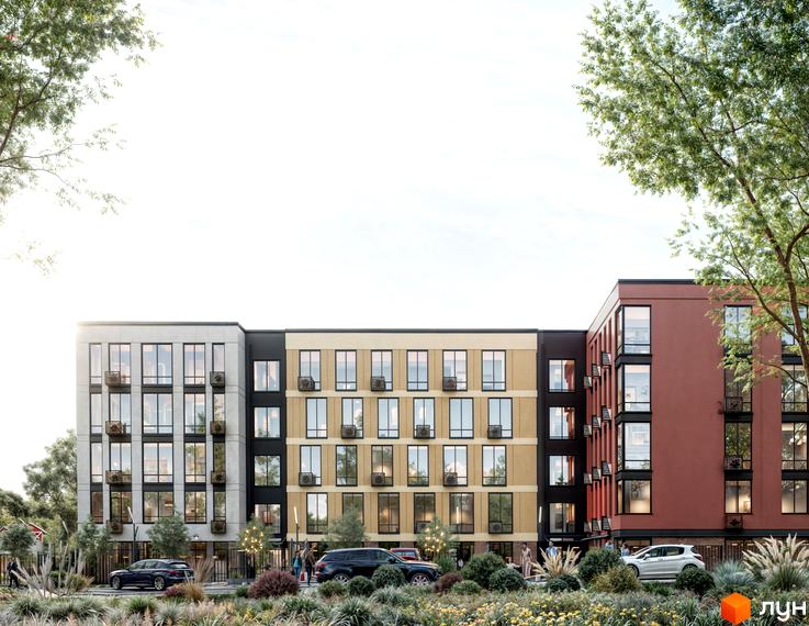 Житловий комплекс SOFI HOUSE з фасадами різної колірної гами та балконами, оточений зеленню та з автомобілями на фоні.