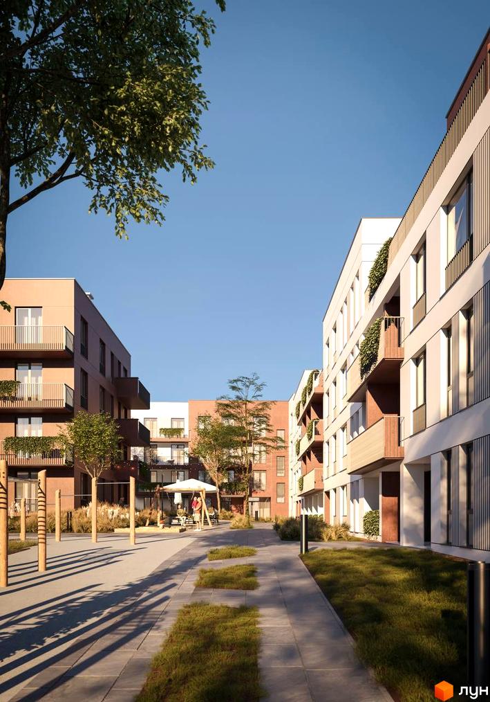 Житловий комплекс SUMMERSTONE VILLAGE: будівлі з балконами та терасами, доглянута прибудинкова територія з алеями, газонами та дитячим майданчиком.