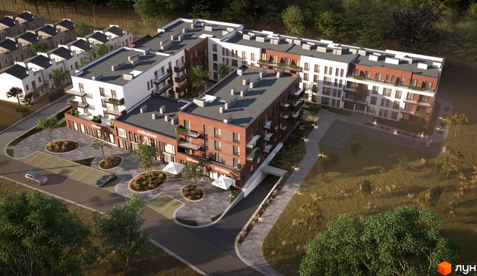 Житловий комплекс SUMMERSTONE VILLAGE з цегляним фасадом та білими елементами, з прибудинковою територією, парковкою та зеленими зонами.