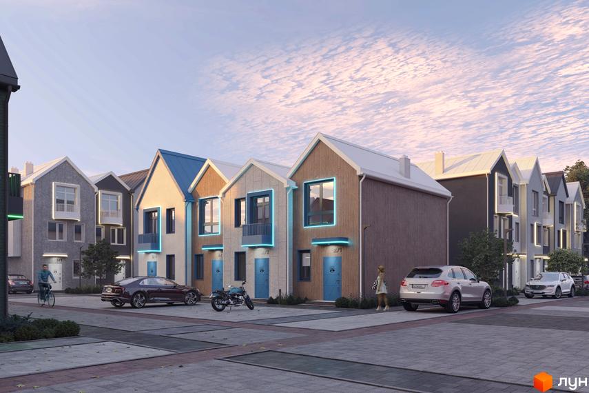 Зображення фасаду таунхаусів Sвій Dім 3 з синіми дверима та вікнами, перед будинками припарковані автомобілі та мотоцикл, на вулиці стоїть жінка.