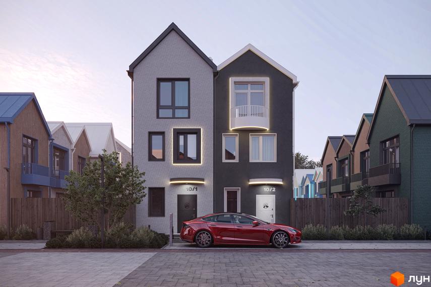 Двоповерхові таунхауси Sвій Dім 3 з фасадами у світлих тонах. Перед будинками розташована бруківка та припаркований червоний автомобіль.