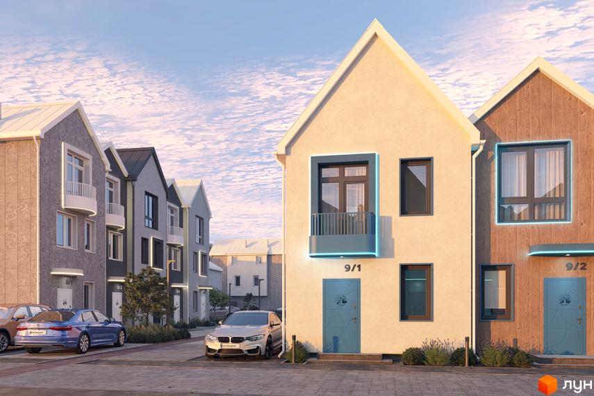 Зображення фасаду таунхаусу Sвій Dім 3 з блакитними дверима та вікнами, поруч припарковані автомобілі на бруківці.