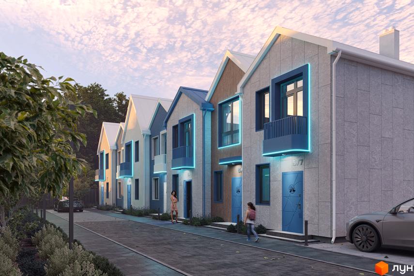 Зображення сторінки житлового комплексу Таунхауси Sвій Dім 3. Ряд двоповерхових будинків з синіми дверима та балконами, оздоблені світлодіодним підсвічуванням, розташовані вздовж брукованої вулиці.