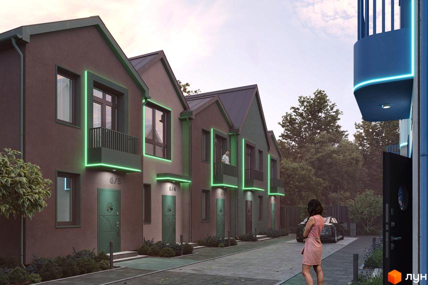 Зображення сторінки житлового комплексу Sвій Dім 3. Будинки з коричневими фасадами, зеленими дверима та неоновим підсвічуванням. На території є тротуар, рослини та припаркований автомобіль.