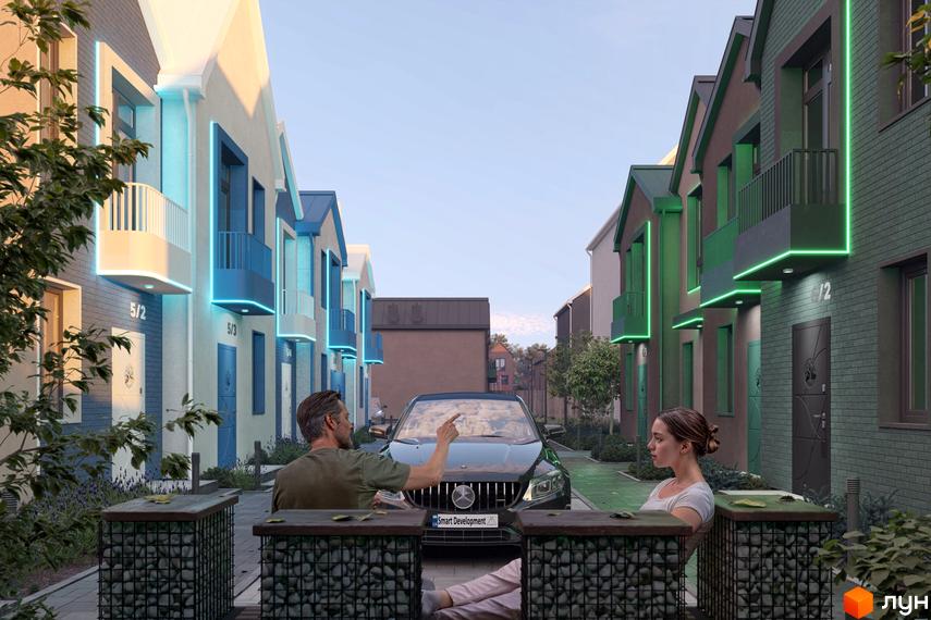 Зображення сторінки житлового комплексу. Таунхауси Sвій Dім 3 з фасадами у світлих тонах та неоновим підсвічуванням, поруч з будинками зелені насадження та місця для відпочинку.