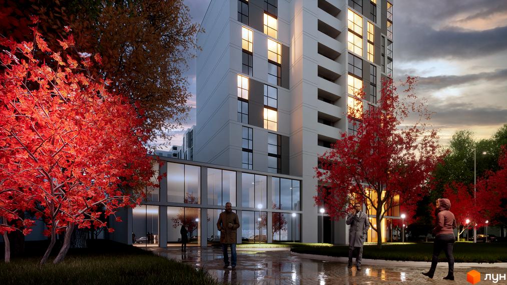 Житловий комплекс Senat з фасадами з панорамними вікнами та прибудинковою територією з червоним деревом.