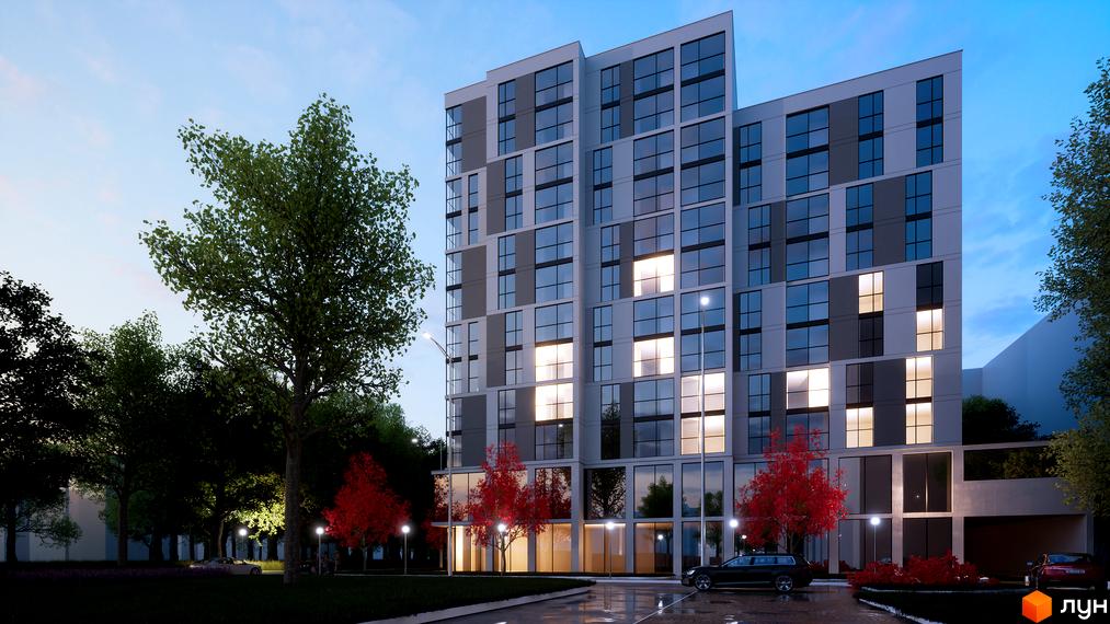 Житловий комплекс Senat – це висотна будівля з панорамними вікнами та індивідуальним дизайном фасадів, розташована біля доглянутого парку з деревами та освітленням.