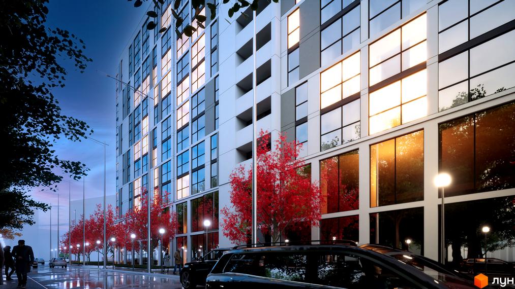 Житловий комплекс Senat з панорамними вікнами та червоними деревами на фоні вечірнього неба. Навколо новобудови розташовані ліхтарі та дерева, що створюють затишну атмосферу.