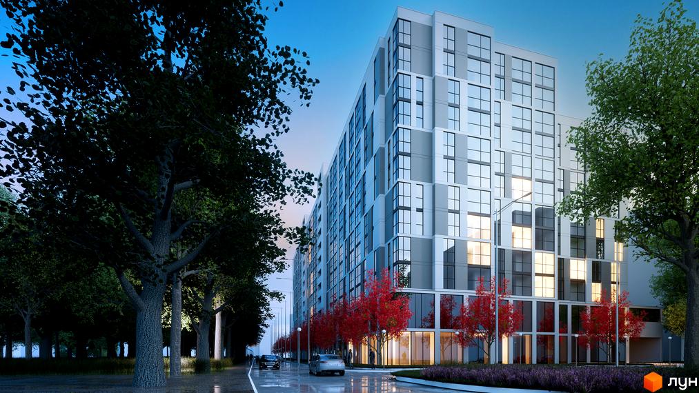 Житловий комплекс Senat з багатою прибудинковою територією та деревами.