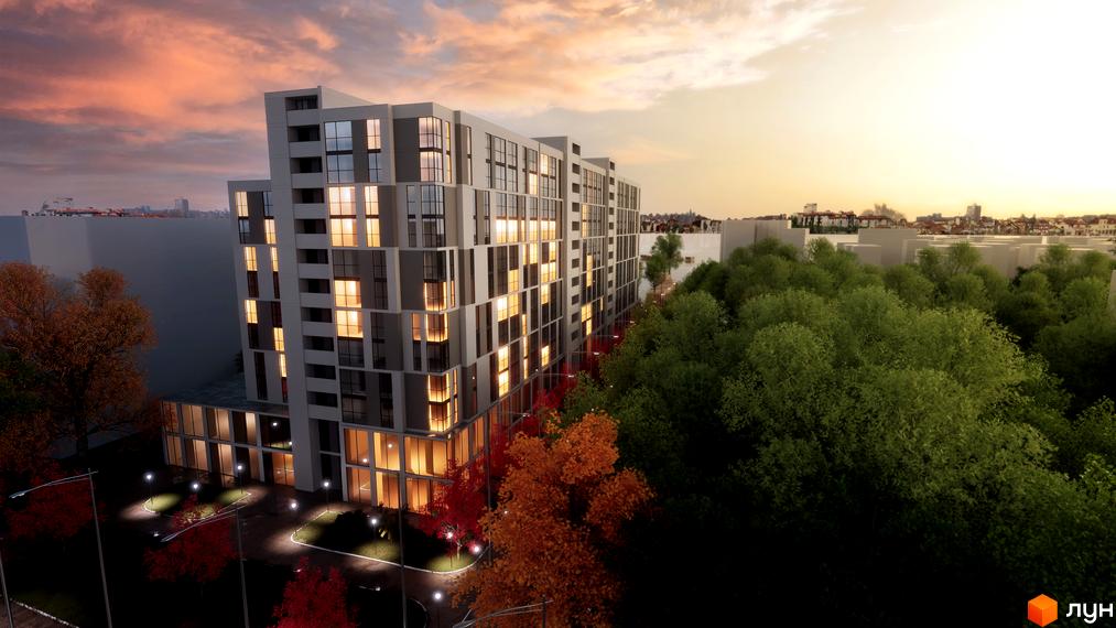 Житловий комплекс Senat – це багатоповерхова будівля з панорамними вікнами та підсвіченими фасадами, розташована серед дерев та міської забудови.