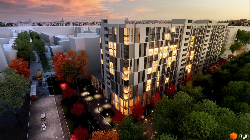 Житловий комплекс Senat з фасадами з панорамними вікнами, розташований біля зеленої зони з деревами та освітленою алеєю.