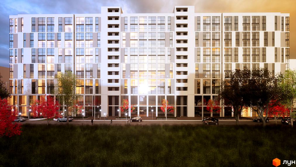 Зовнішній вигляд новобудови ЖК Senat з великою кількістю вікон та сірими вставками, прибудинкова територія з деревами та автомобілями.