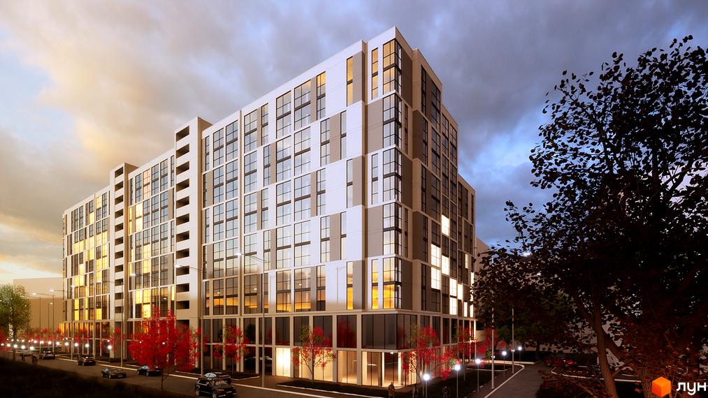 Зовнішній вигляд житлового комплексу Senat з великою кількістю вікон та елементами сірого та білого кольору. Навколо новобудови розташовані дерева та вулиця з автомобілями.