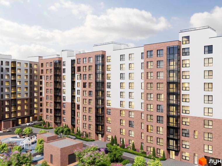 Зображення фасаду та двору Житлового району Modern Home з червоної цегли та білими стінами. Навколо будинку зелені насадження.