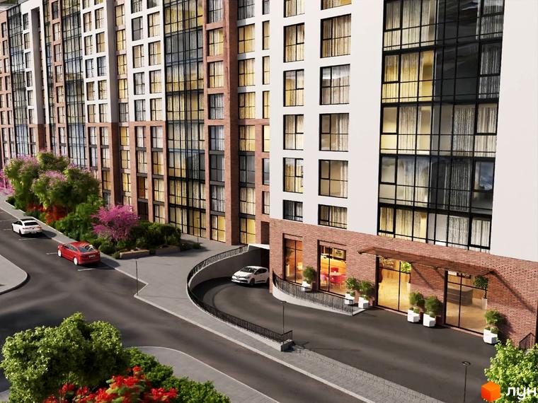 Зображення фасаду та прибудинкової території Житлового комплексу Modern Home. Вигляд багатоповерхового будинку з великими вікнами.