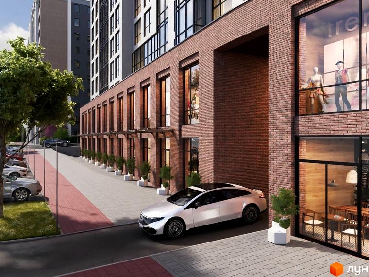 Зображення фасаду та прибудинкової території Житлового комплексу Modern Home. На передньому плані білий автомобіль.