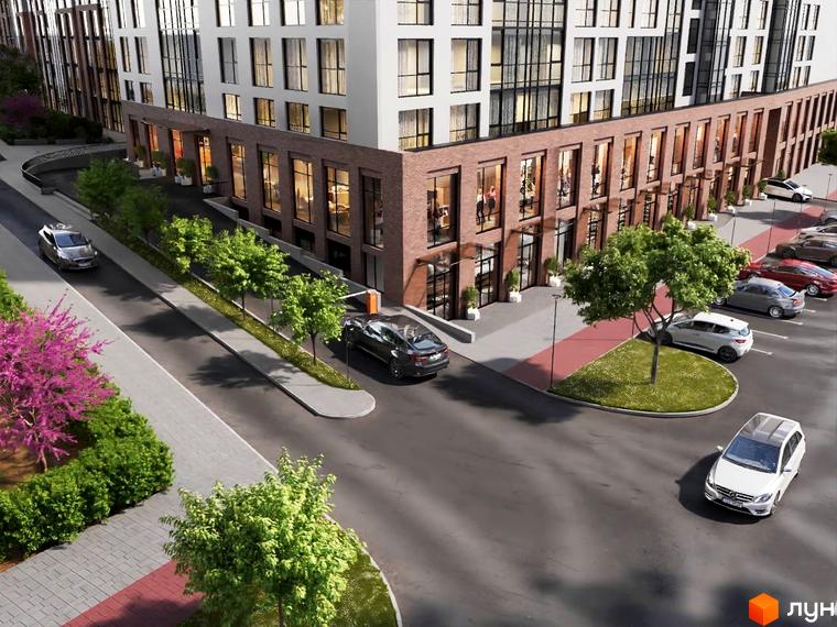 Зображення фасаду та прибудинкової території Будівельного проєкту Modern Home. На передньому плані дорога та припарковані автомобілі.