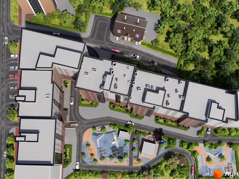 Зображення зверху на Новобудову Modern Home з сірими дахами. Навколо зелені насадження та дитячий майданчик.